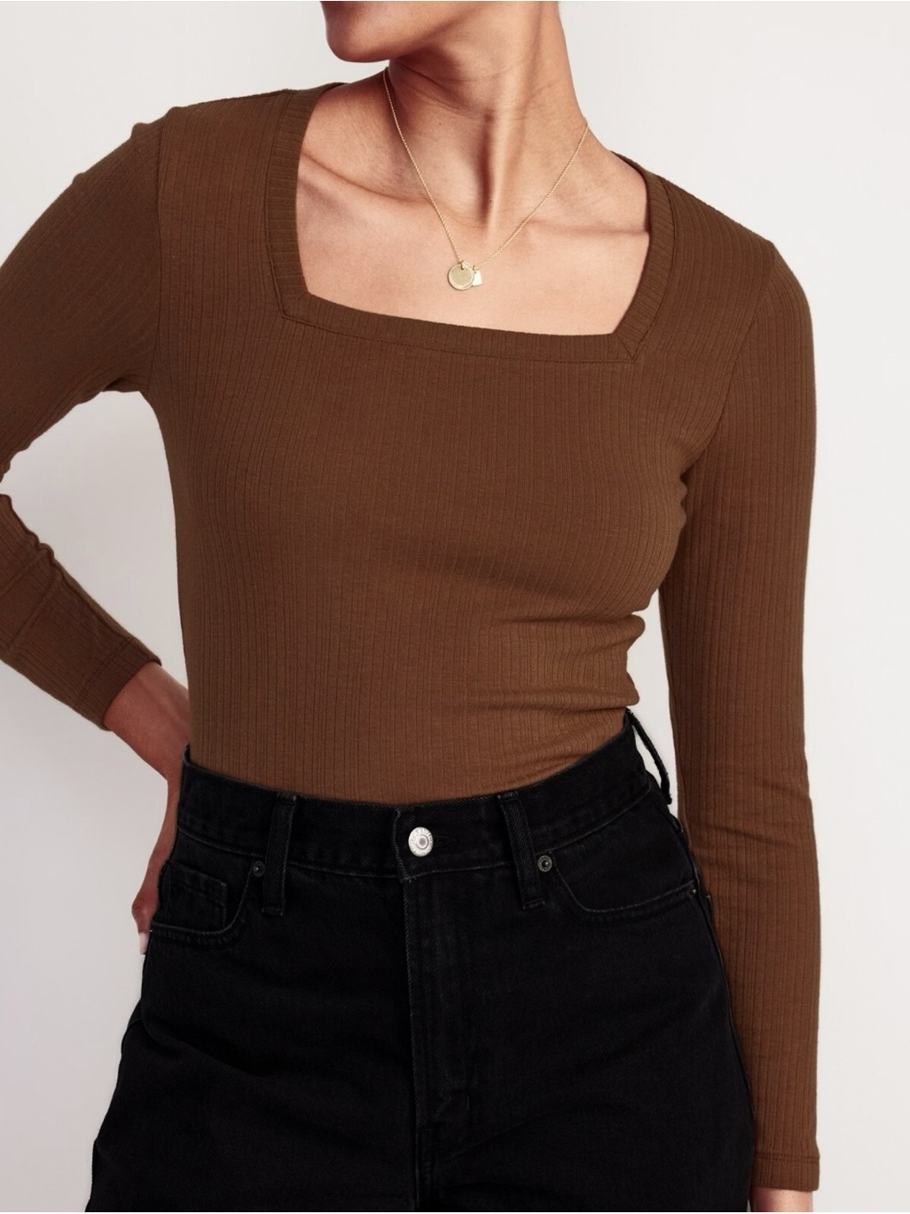 Old Navy Ribbed Square-Neck Long Sleeve Top - Brown